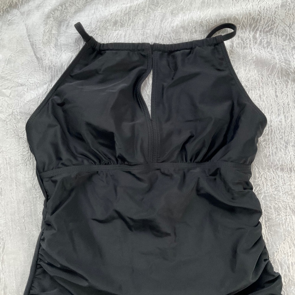 Black High Neck Keyhole Tankini Top Ruched Sides Adjustable Straps Size 17-18Y - Picture 2 of 7